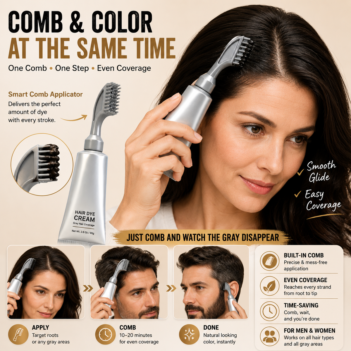 Instant Gray Hair Touch-Up Comb – Easy Root Coverage for Men & Women