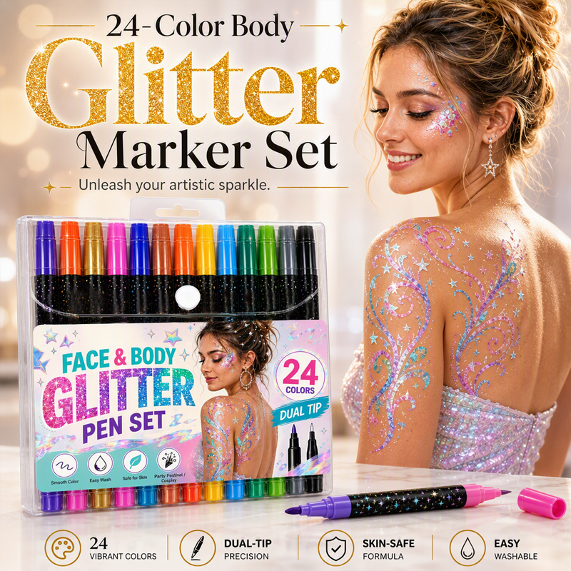 🎉Over 35k+ Sold!💅Halloween 24-Color Face & Body Glitter Marker Set with Dual Tips – Sparkly Costume Makeup Pens