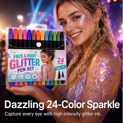🎉Over 35k+ Sold!💅Halloween 24-Color Face & Body Glitter Marker Set with Dual Tips – Sparkly Costume Makeup Pens