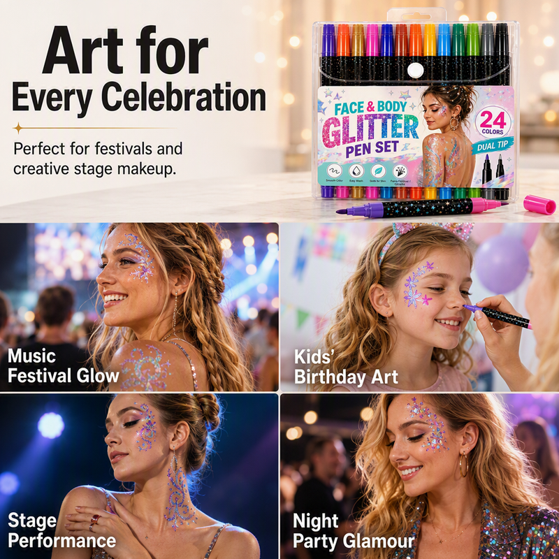 🎉Over 35k+ Sold!💅Halloween 24-Color Face & Body Glitter Marker Set with Dual Tips – Sparkly Costume Makeup Pens