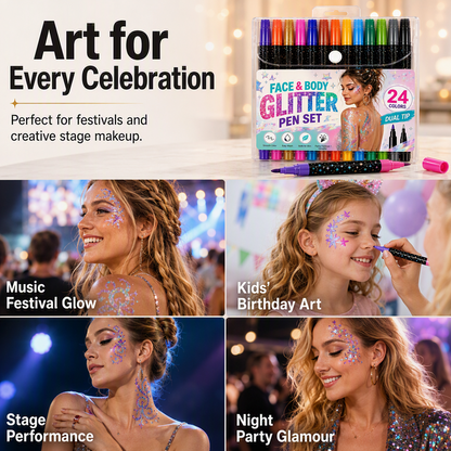 🎉Over 35k+ Sold!💅Halloween 24-Color Face & Body Glitter Marker Set with Dual Tips – Sparkly Costume Makeup Pens