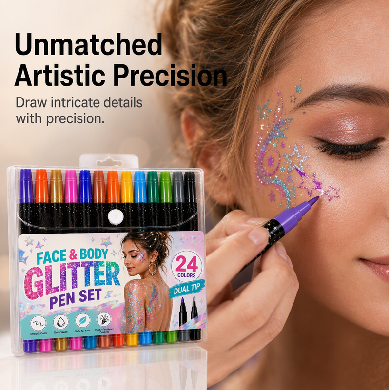🎉Over 35k+ Sold!💅Halloween 24-Color Face & Body Glitter Marker Set with Dual Tips – Sparkly Costume Makeup Pens