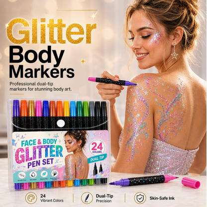 🎉Over 35k+ Sold!💅Halloween 24-Color Face & Body Glitter Marker Set with Dual Tips – Sparkly Costume Makeup Pens