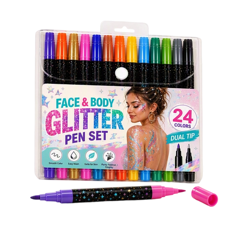🎉Over 35k+ Sold!💅Halloween 24-Color Face & Body Glitter Marker Set with Dual Tips – Sparkly Costume Makeup Pens